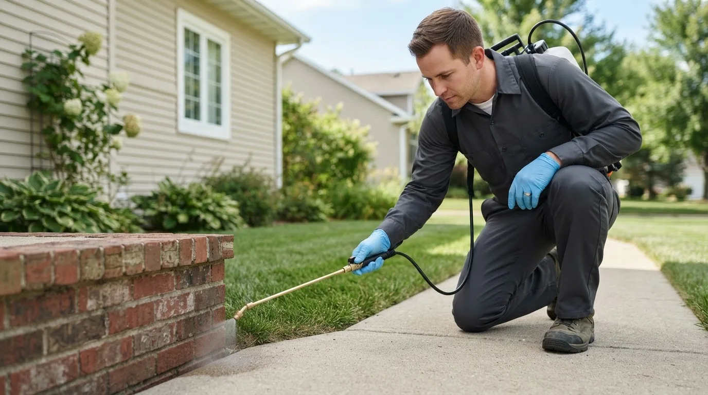 Pest control technician treating a home near Veguita, NM