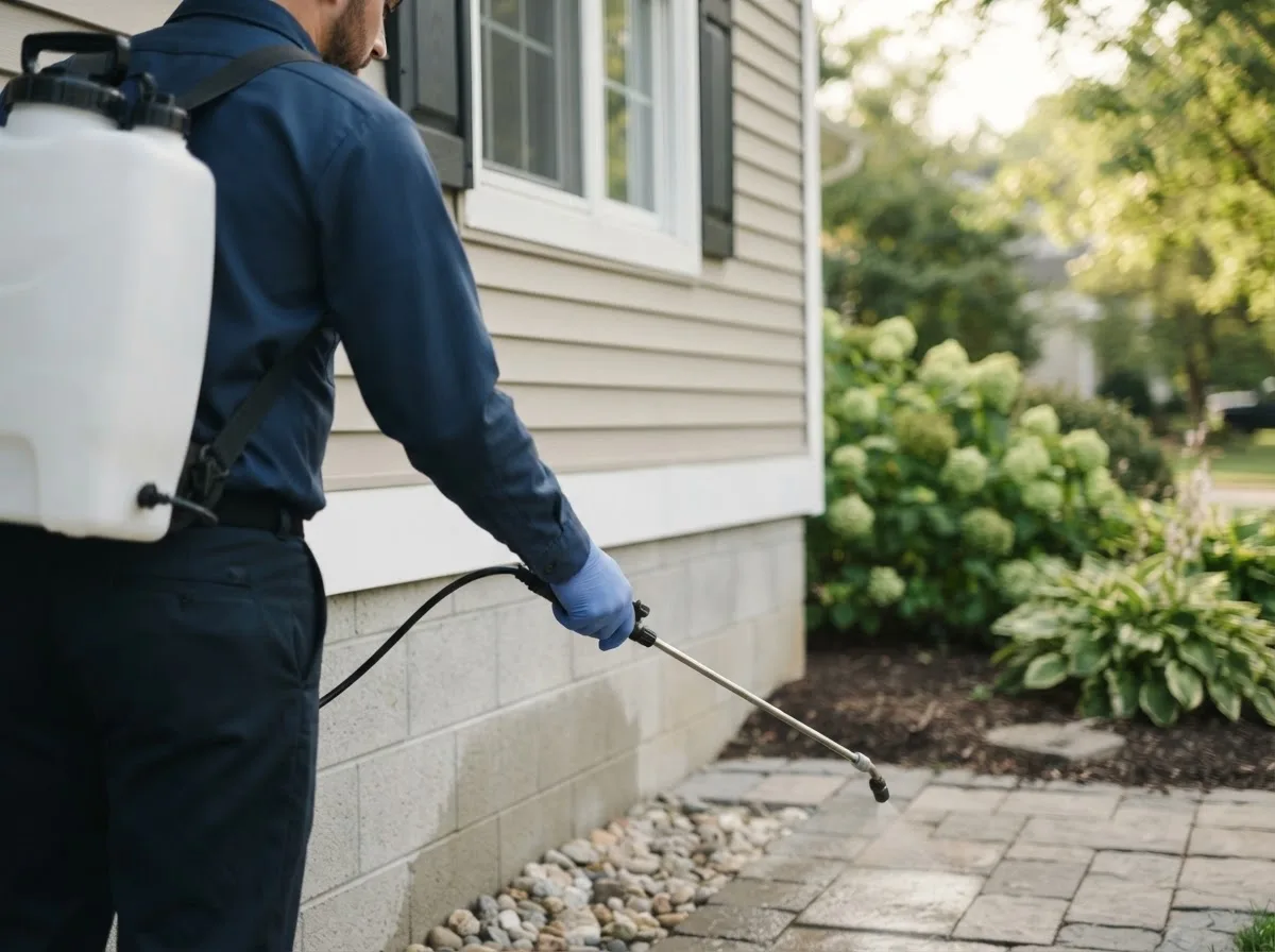 Pest control technician inspecting a home in Veguita, NM